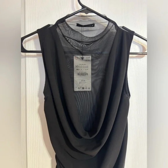 NWT Zara Sheer Tulle Draping Fabric High Neck Sleeveless Black Bodysuit Size XS - Picture 6 of 12
